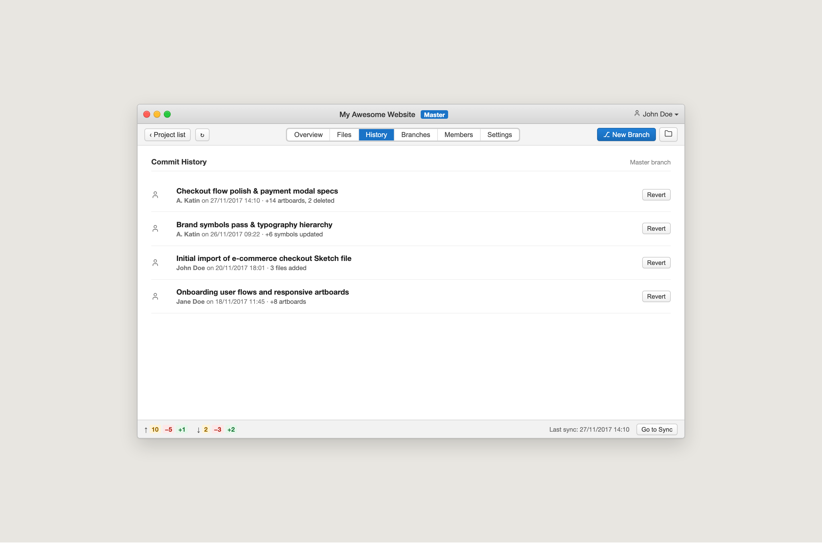 Versions commit history — visual timeline of artboard changes