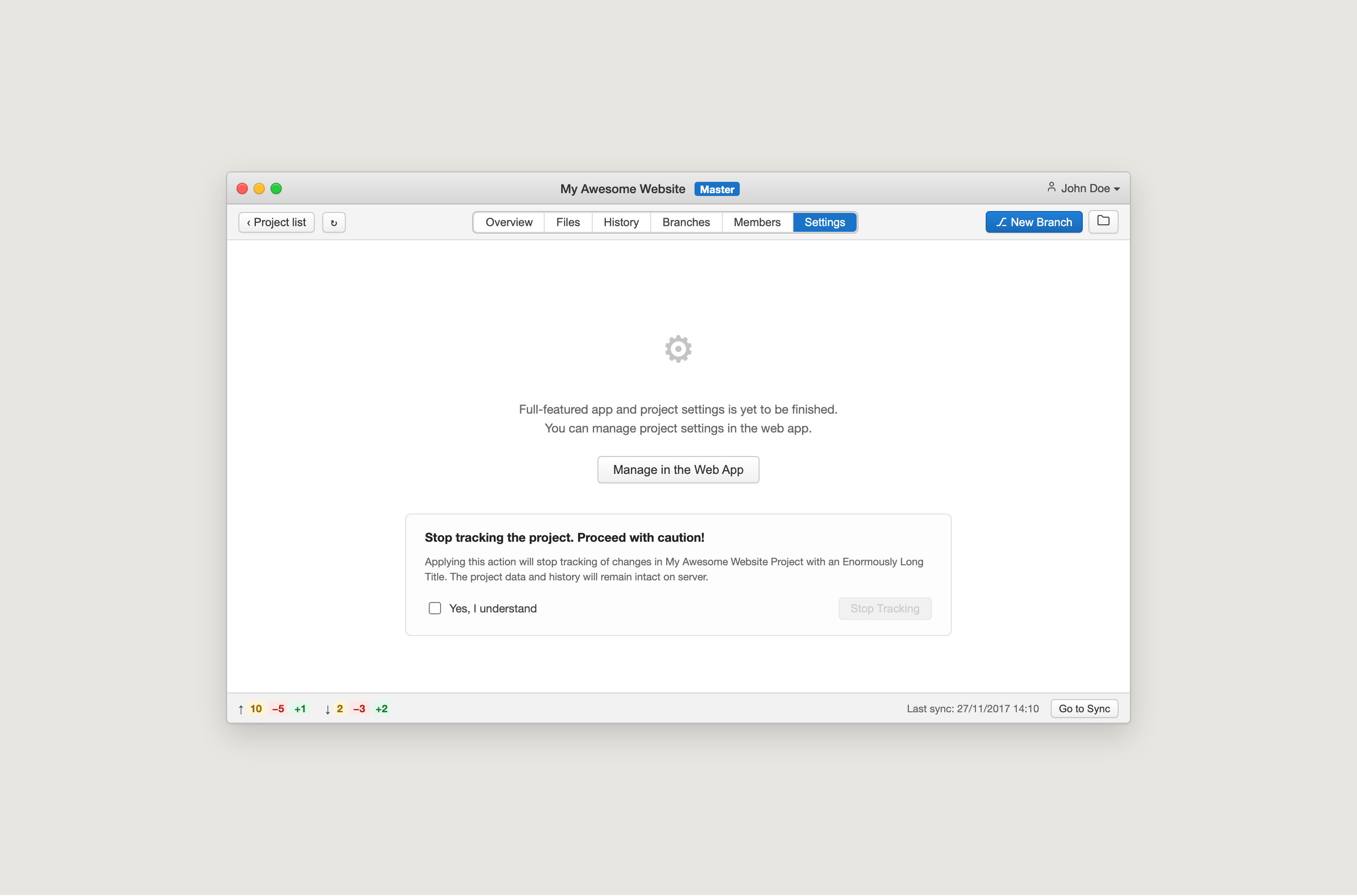 Versions settings — project configuration and stop tracking
